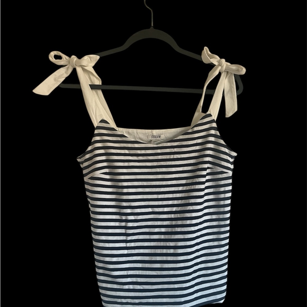 J Crew Bow Tie shoulder Strap Navy and White Stripes tan Top size S